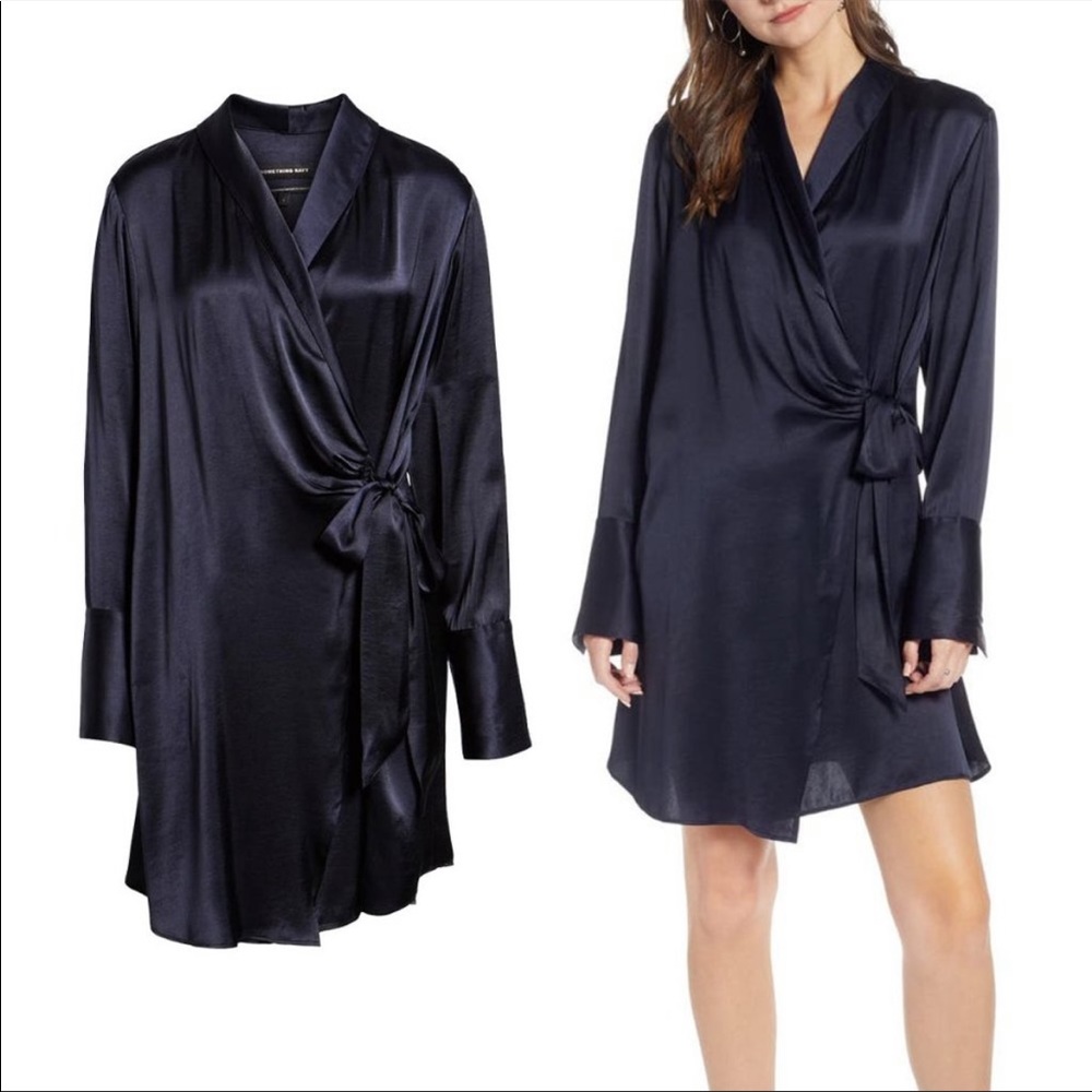 Something Navy Satin Navy Blue Wrap Dress XS